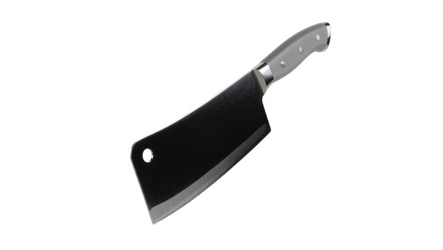 Sharp black cleaver knife with grey handle, isolated on transparent background