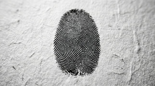 Close up of a black fingerprint with a spiral pattern on textured white paper representing identity security and uniqueness