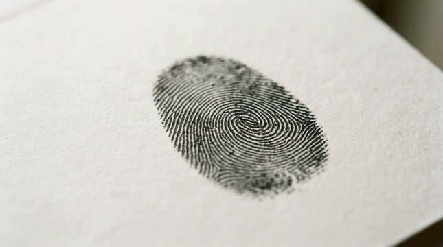 Close up macro shot of a black fingerprint with swirling patterns on white textured paper symbolizing identity crime investigation and unique personal data