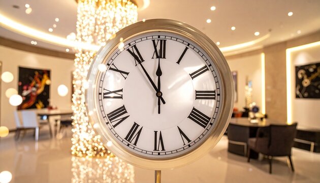 Classic round analog wall clock in a warm and bright luxury hotel interior lounge with roman numerals waiting area time piece