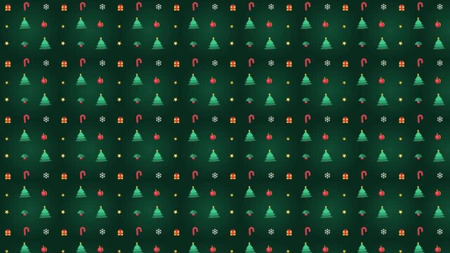 Premium seamless green Christmas pattern featuring Christmas trees, holly leaves, ornaments, snowflakes, stars, candy canes, and gift boxes with subtle festive motion. Suitable for holiday advertising