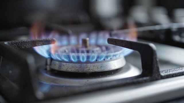Gas stove burner flickers with blue flame on a kitchen cooktop. Domestic cooking appliance. Natural gas fuel and energy. Close-up of an active stovetop.
