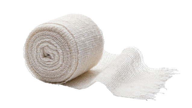 Rolled gauze bandage with loose end, isolated on transparent background