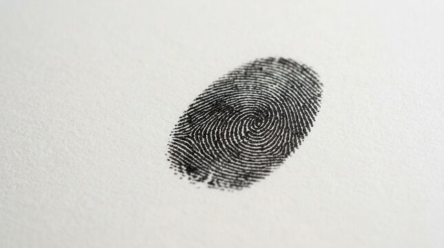 Close up of a black fingerprint with swirling patterns on a textured white paper background symbolizing identity and security