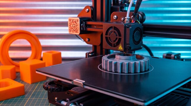 A 3d printer creating a gray plastic gear part on a black build plate with component textured printing printer nozzle deposits circular cog component