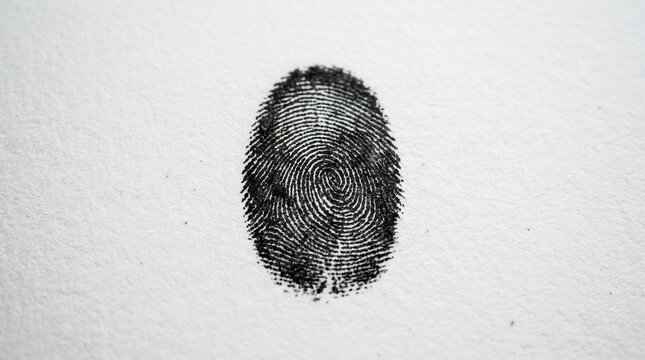 Close up macro shot of a black fingerprint on a textured white paper background representing identity security and individuality
