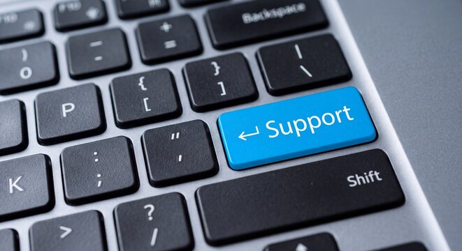Bright blue Support icon glowing on a black computer keyboard key for modern web users, 32k Resolution