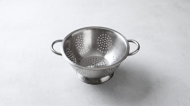 Empty Stainless Steel Colander on White Background