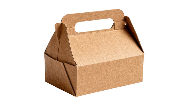 Brown cardboard gable box with handle, isolated on transparent background