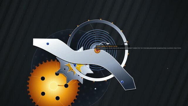Coaxial escapement mechanism animation showing watch movement with direct tangential impulse vector variable inertia balance system multi-tiered escapement arbor and synthetic ruby locking pallet