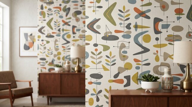 Mid-century modern abstract pattern wallpaper in a retro living room