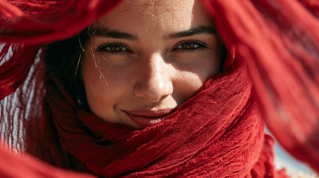 Young woman gazing forward, partially veiled in flowing scarlet fabric, conveying warmth and soft, diffused lighting