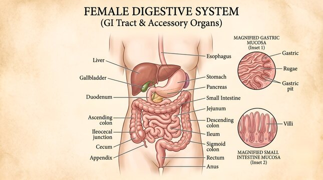 Female digestive system GI tract and magnified mucosa histology diagram on textured background