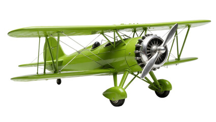 Vibrant green biplane model with silver propeller and engine, isolated on transparent background © studiox