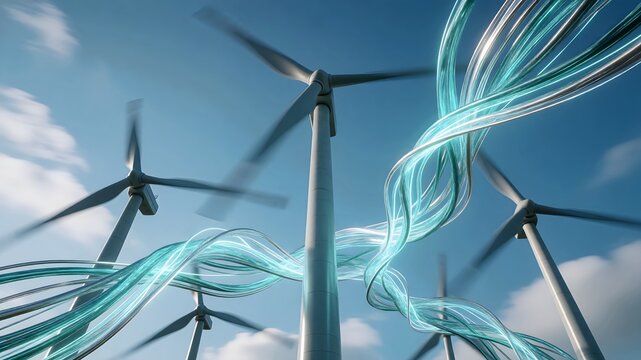 青空の下で回転する複数の風力発電の風車と周囲を流れる発光するライトストリームの3D抽象イメージ