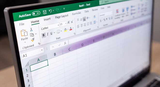 A laptop screen displaying a blank spreadsheet application interface in a bright office environment with open spreadsheet software grid visible toolbar