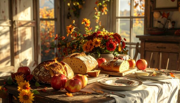 Rustic table set with freshly baked bread loaves and apples for an autumn morning scene crusty bread homemade loaf cozy home