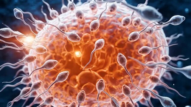 3d render of sperm cells swimming towards and fertilizing an egg cell