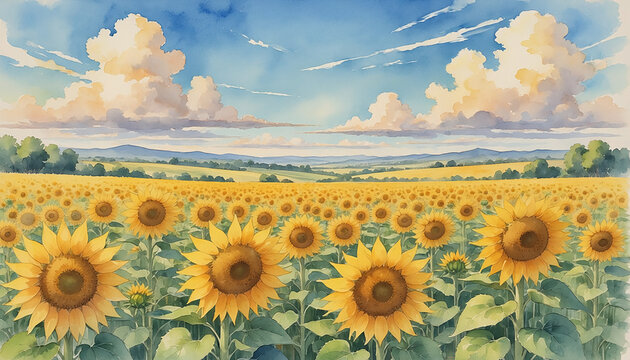 Vast Sunflower Field Watercolor Generative AI