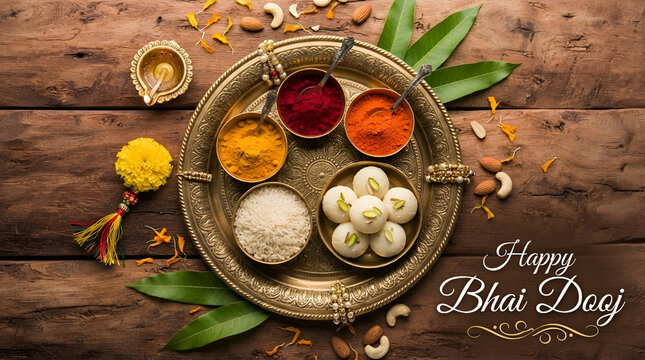 Greeting card with puja thali (tray) and traditional sweets (laddu) for Bhai Dooj Poster Design