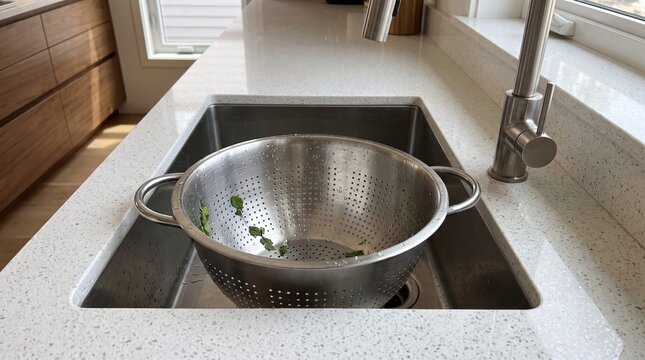 Washing fresh greens in a modern kitchen sink colander
