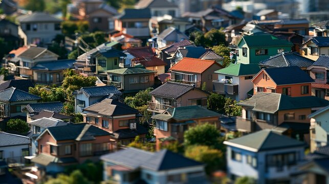 Tiny cityscape of residential buildings forms a blurred, miniature urban scene with trees and a cozy neighborhood feel