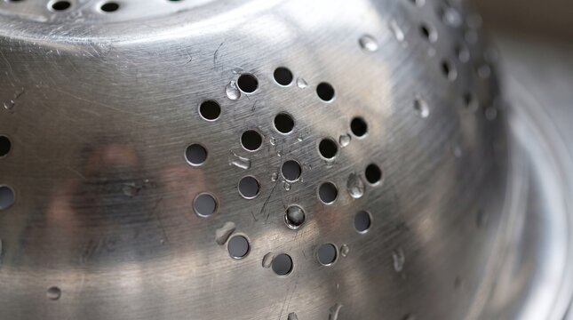 Close-up of wet metal colander with water droplets