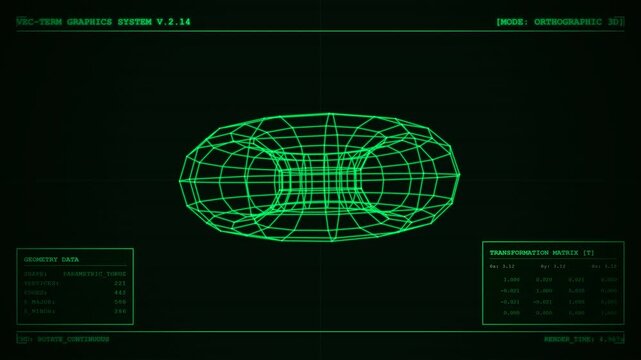 Procedural 4K motion graphics of an early vector display CAD terminal rendering a rotating 3D wireframe object with math matrices and green phosphor aesthetic.
