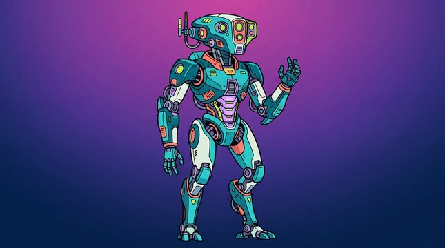 A vibrant, detailed illustration of a futuristic teal and white robot with an alien-like head and visible mechanical components, standing against a purple gradient background.