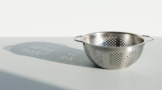 Stainless Steel Colander with Perforated Holes Casting Shadow