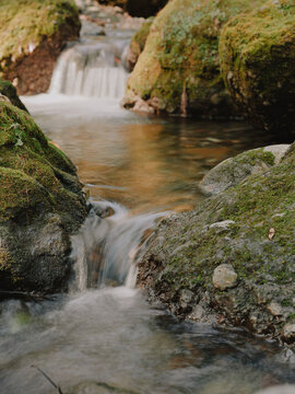 Mountain stream cascading over mossy rocks in Togakushi