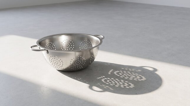 Stainless Steel Colander with Perforations and Shadow on Concrete