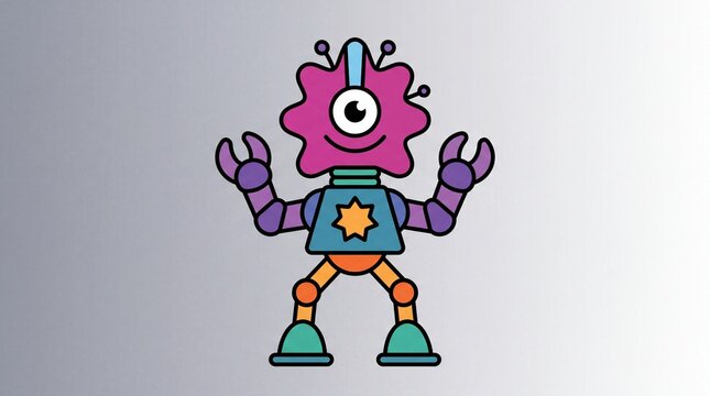 A vibrant and friendly cartoon robot with a pink wavy head, one eye, purple arms, and orange legs standing against a gradient background.