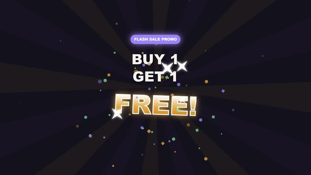 Animated Buy 1 Get 1 Free Flash Sale Promo Banner with Sparkling Stars and Confetti