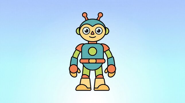 A cute, cartoon-style robot with a round head, antennae, and colorful segmented limbs, standing against a soft blue gradient background.