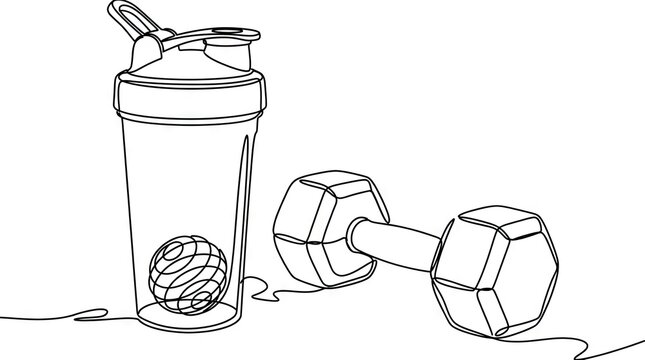 Continuous Line Drawing of Fitness Gear: Shaker Bottle and Dumbbell