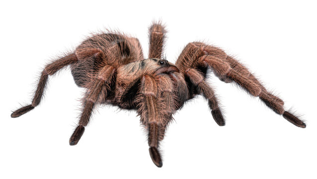 Fuzzy brown tarantula with eight hairy legs, isolated on transparent background