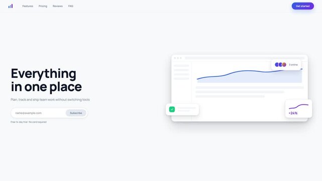 Modern minimalist SaaS platform UI light theme landing page with newsletter email subscription input field, interactive analytics chart visual dashboard, and customer reviews section
