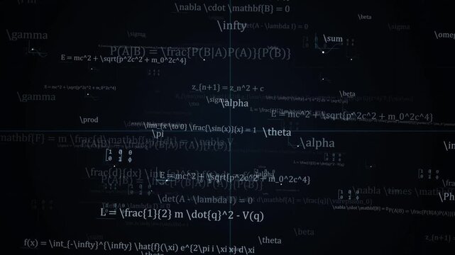 Abstract mathematical formulas and scientific equations floating on dark background