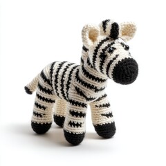 Obraz premium Knitted Zebra Stuffed Animal Toy With Black And White Stripes Isolated On A Plain White Background