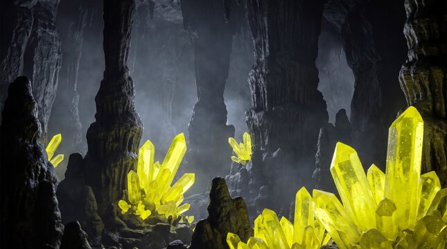 Surreal dark underground cavern illuminated by glowing neon yellow crystal clusters in a misty atmosphere