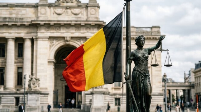 Belgian flag waving next to Justice statue outside courthouse symbol of law and order