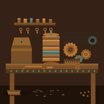Wooden puzzle boxes and brass cryptex lock mechanisms on a craftsman workbench gears dovetail joints and tools flat vector illustration