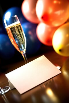 A champagne flute filled with bubbly champagne beside a blank card, with colorful balloons blurred in the background, suggesting a celebration or party.