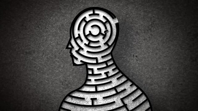 man with a labyrinth-shaped head representing confusion and complex thoughts