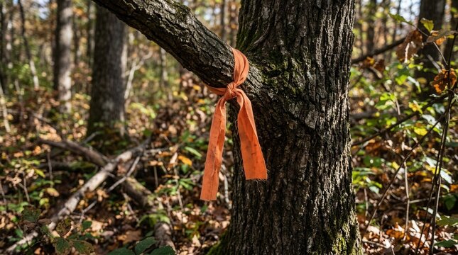 Bright orange ribbon tied around a tree trunk in a dense forest marking a trail or boundary in autumn woods
