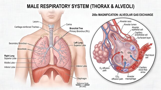 Male respiratory system thorax and magnified alveolar gas exchange diagram on textured backdrop