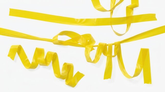 Bright Yellow Ribbon Tied in Knots and Curled on White Background