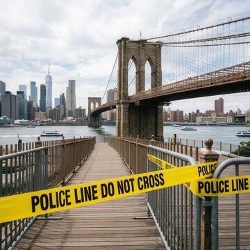 Brooklyn Bridge closed with police tape New York City skyline in background scenic urban landscape