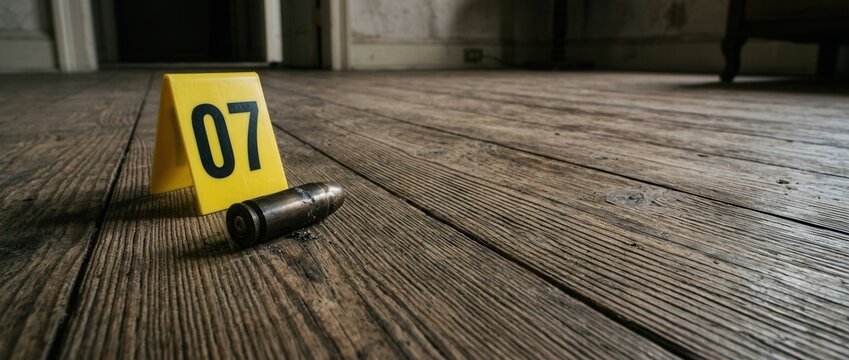 Bullet and Evidence Marker on Wooden Floor Crime Scene Investigation Concept